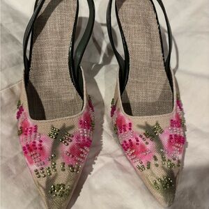Embellished Pink and LinenWomen's Pointy Toes Slingback Shoes 36 US 6 Women